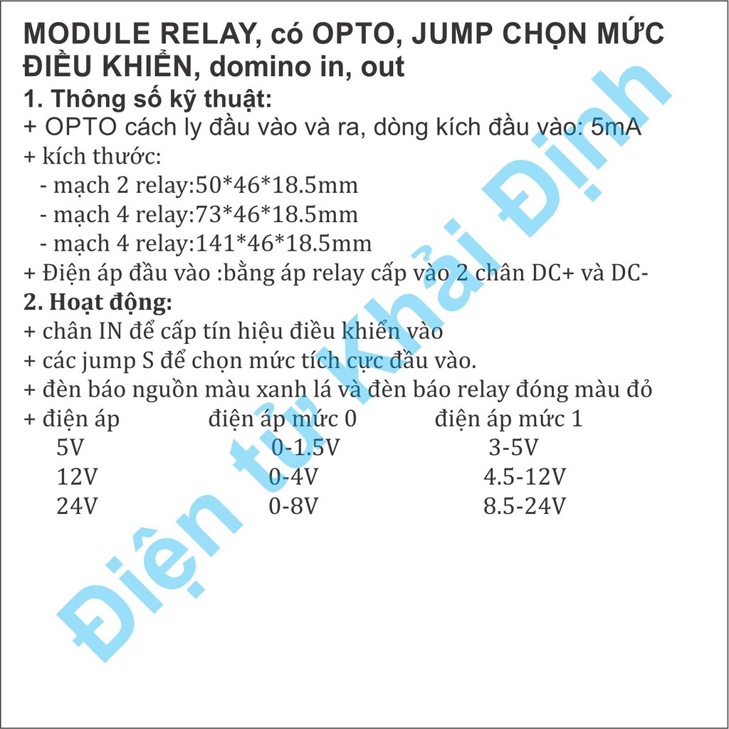 MODULE 2 RELAY, có OPTO, JUMP CHỌN MỨC ĐIỀU KHIỂN, domino in, out, relay 5V / 12V / 24V kde2990