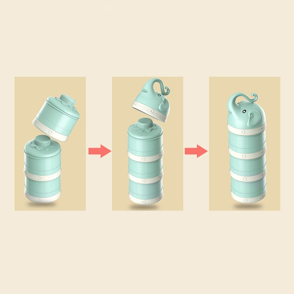 Hộp Chia Sữa Bột Thức Ăn Cho Bé 3 Ngăn Hình Voi Nghộ Ngĩnh Có Móc Thông Minh