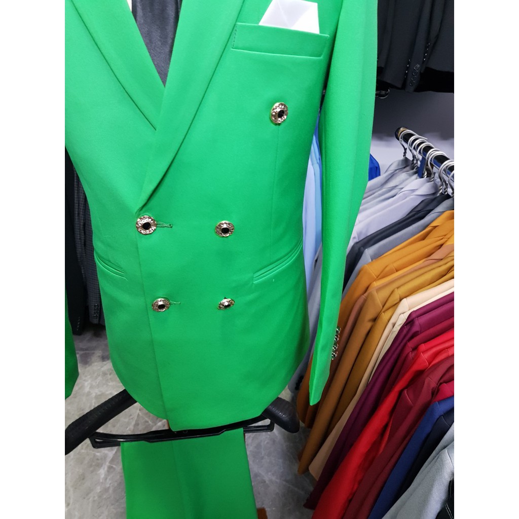 Bộ vest nam ôm body kiểu 6 cúc màu xanh két