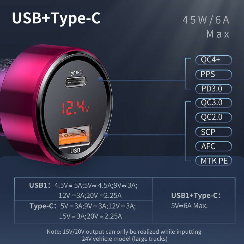 Tẩu Sạc Nhanh Baseus 45W dùng cho xe hơi cổng USB + Type C - Chính hãng - Nhỏ gọn - Tiện Lợi