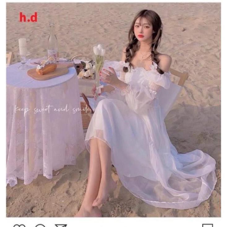ĐẦM TRẮNG nữ dự tiêc VÁY trễ vai maxic tay voan có chun ngực tay lỡ hai lớp dáng xòe