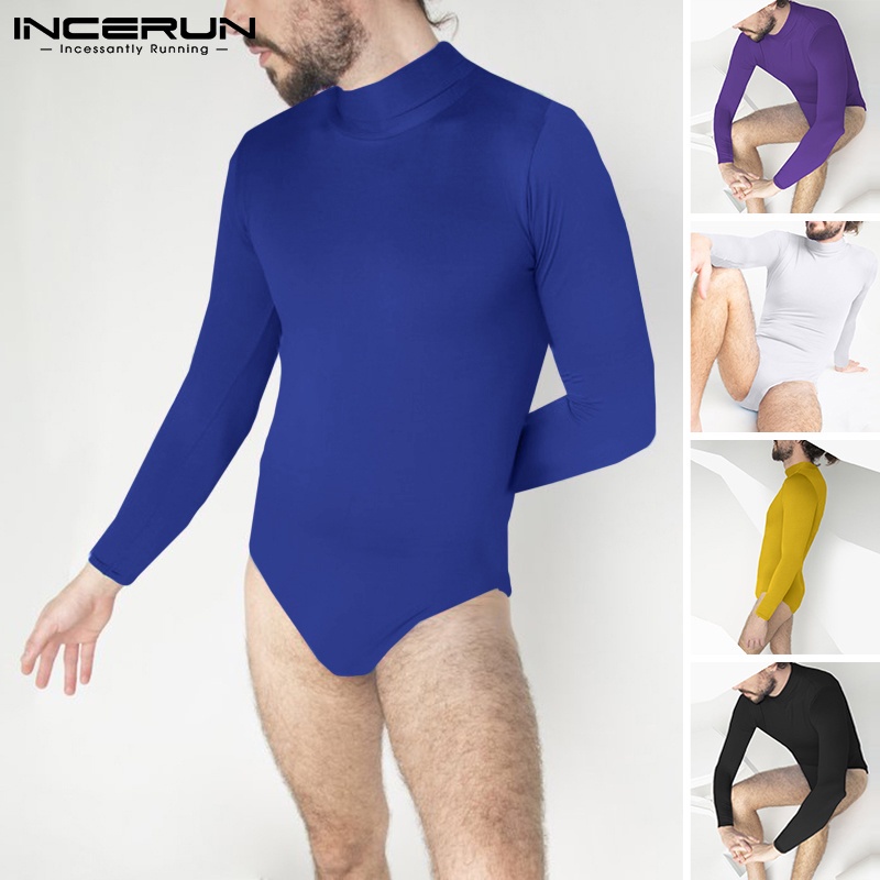 Áo liền quần INCERUN tay dài cổ lọ màu trơn có dây kéo phía sau co giãn thoải mái thời trang cho nam