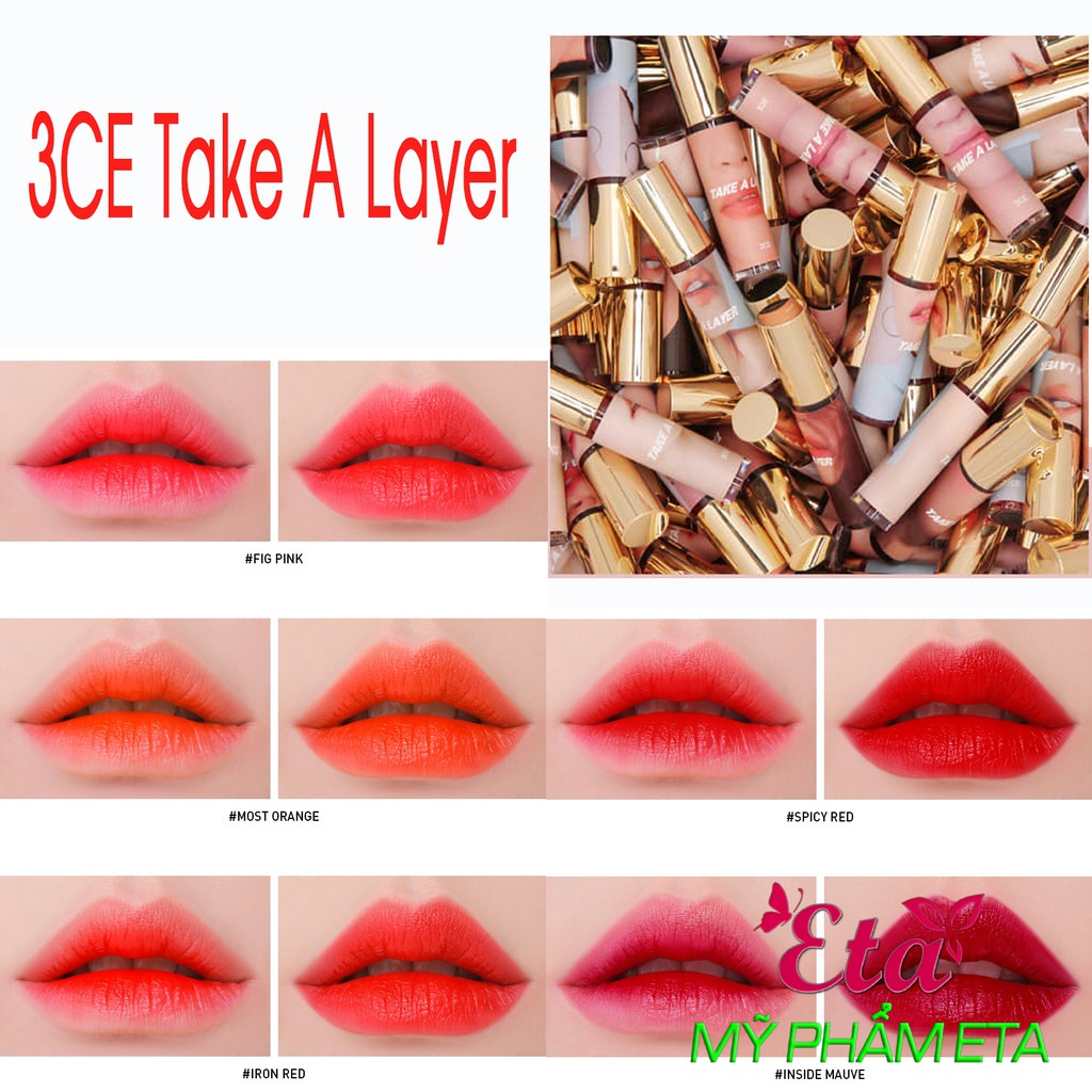 Son kem 3CE Hàn Quốc TAKE A LAYER Tinted Water Tint lì môi, nhẹ môi 5.2g