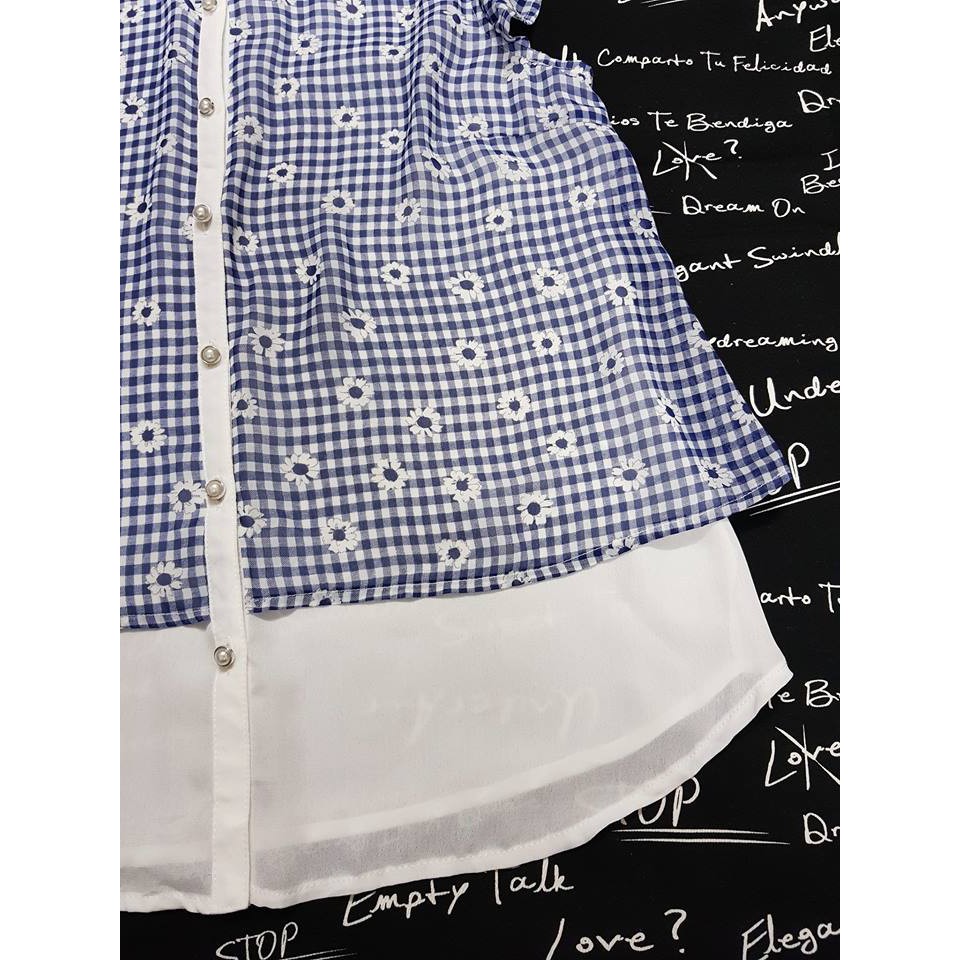 Áo voan caro xanh trắng in hoa