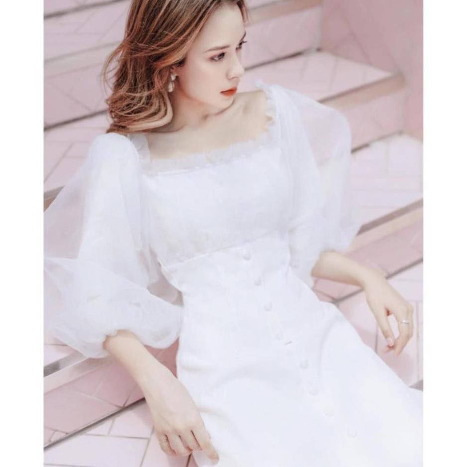 Đầm dự tiệc trễ vai nút bọc phối xốp | BigBuy360 - bigbuy360.vn