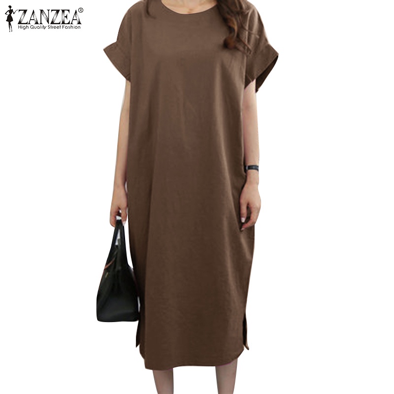 Đầm midi ZANZEA tay ngắn cổ tròn màu trơn dáng chữ a phong cách Hàn Quốc thời trang cho nữ