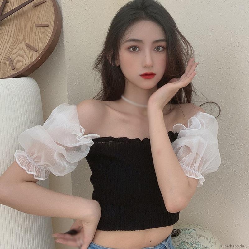 Áo Croptop Dệt Kim Tay Ngắn Cổ Vuông Phong Cách Hàn Quốc