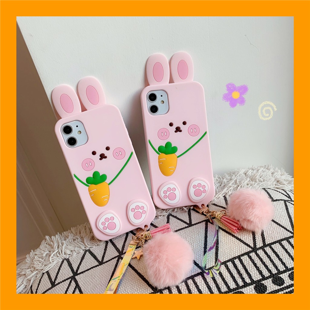 Ốp điện thoại silicon hình thỏ cà rốt trang trí bóng lông cho iPhone 12 pro max 11 XS MAX XR 6 7 8 Plus 12 Mini
