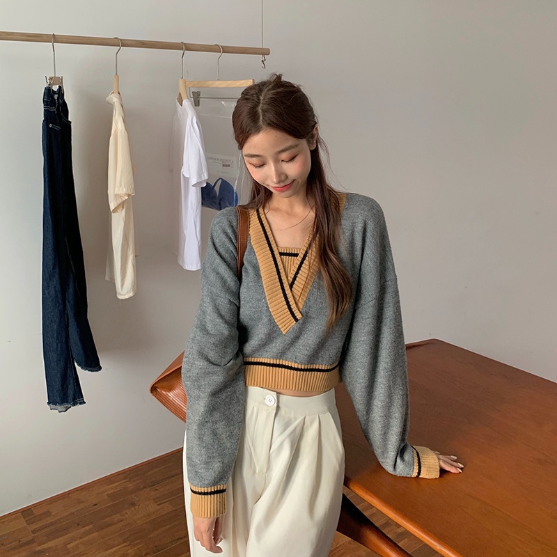 Áo len tay dài cổ chữ v màu sắc thời trang phong cách Hàn Quốc dành cho nữ