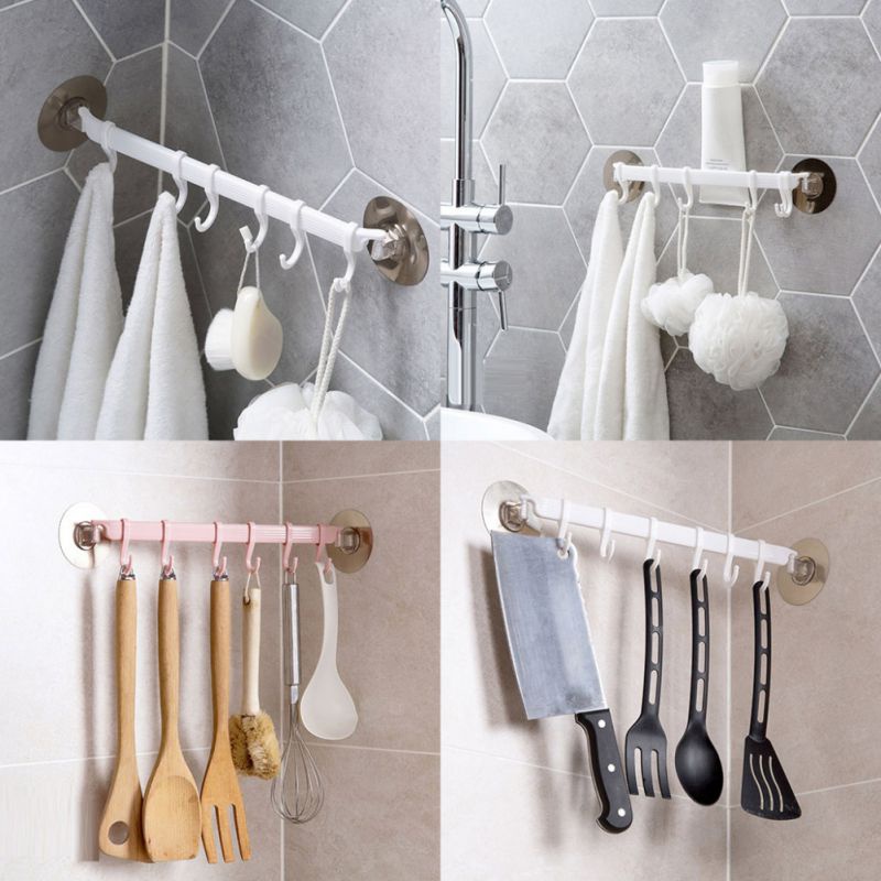 Thanh gắn tường tự dính với 6 móc treo đồ tiện lợi