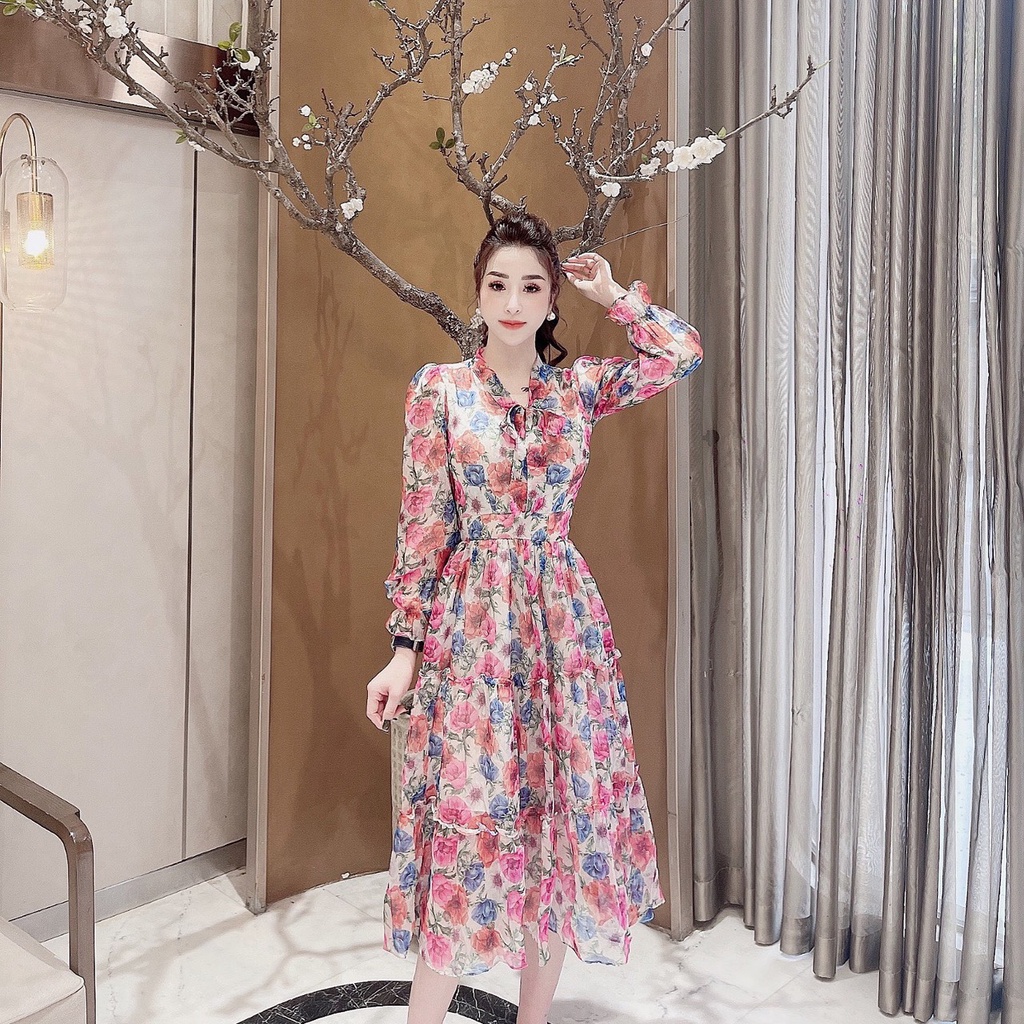 Đầm hoa nơ chất liệu tơ 🔸 HÀNG CAO CẤP 🔸 váy xòe hoa tiết hoa siêu xinh thích hợp đi dạo phố, dự tiệc | BigBuy360 - bigbuy360.vn