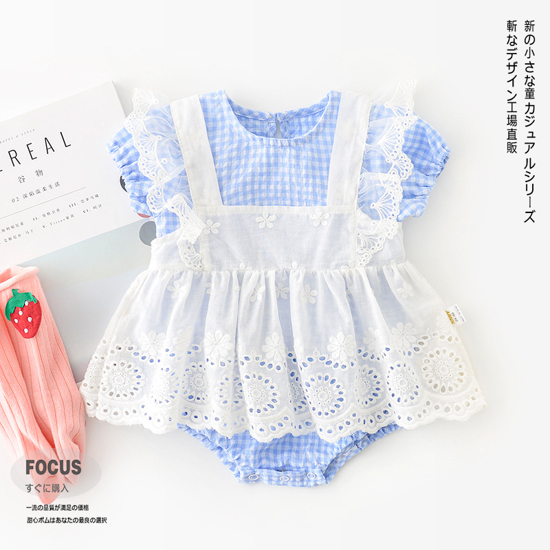 Set jumpsuit tay ngắn màu xanh dương kèm đầm yếm dây cho bé gái 0-24 tháng tuổi