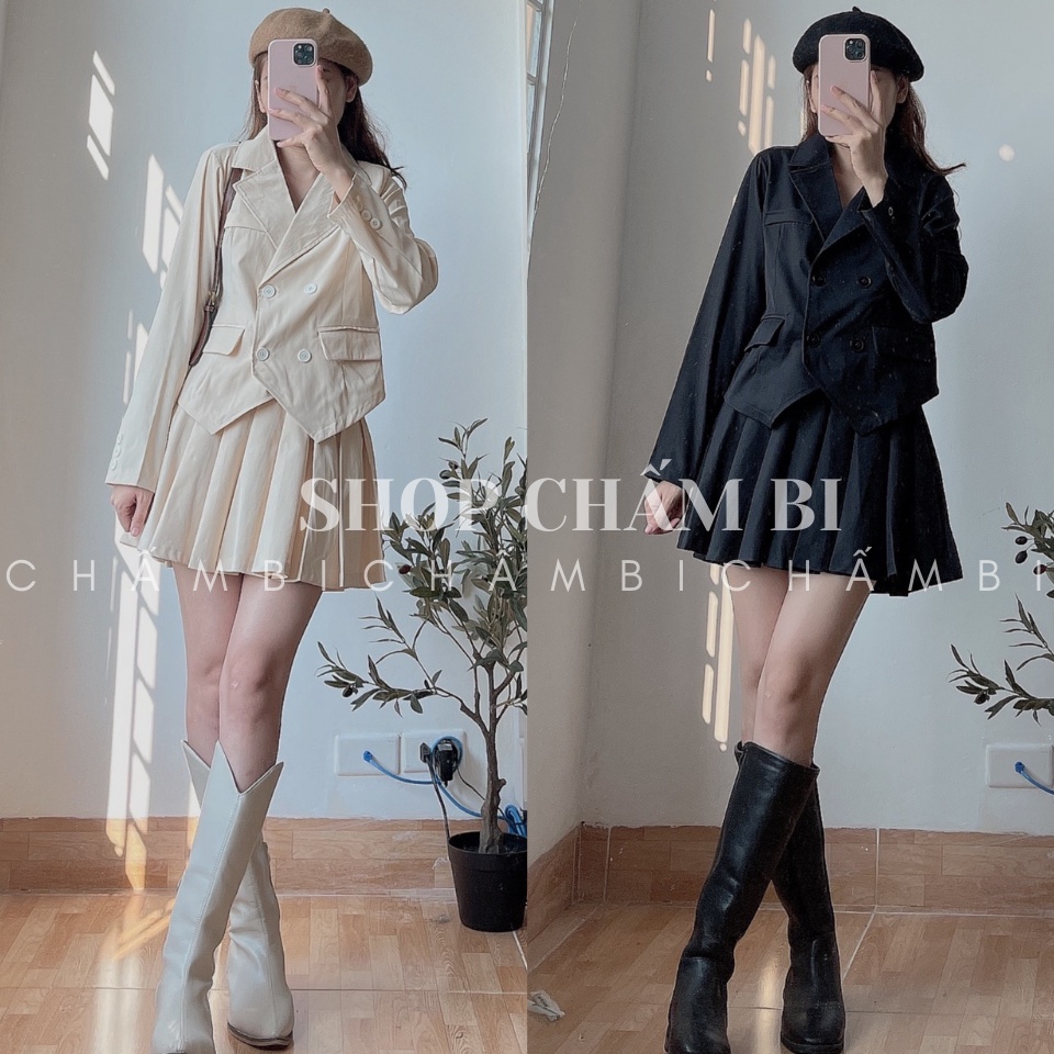 Set bộ tiểu thư S.068, Set áo vest blazer croptop dài tay 4 cúc vạt nhọn và chân váy xếp ly cực xinh