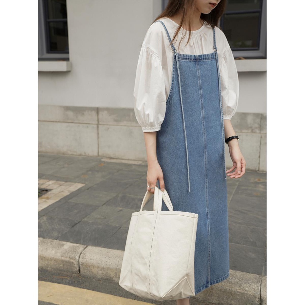 Đầm Yếm denim Dáng Chữ A Dài Vừa Phải Hai Dây Thời Trang Hàn Quốc 2022