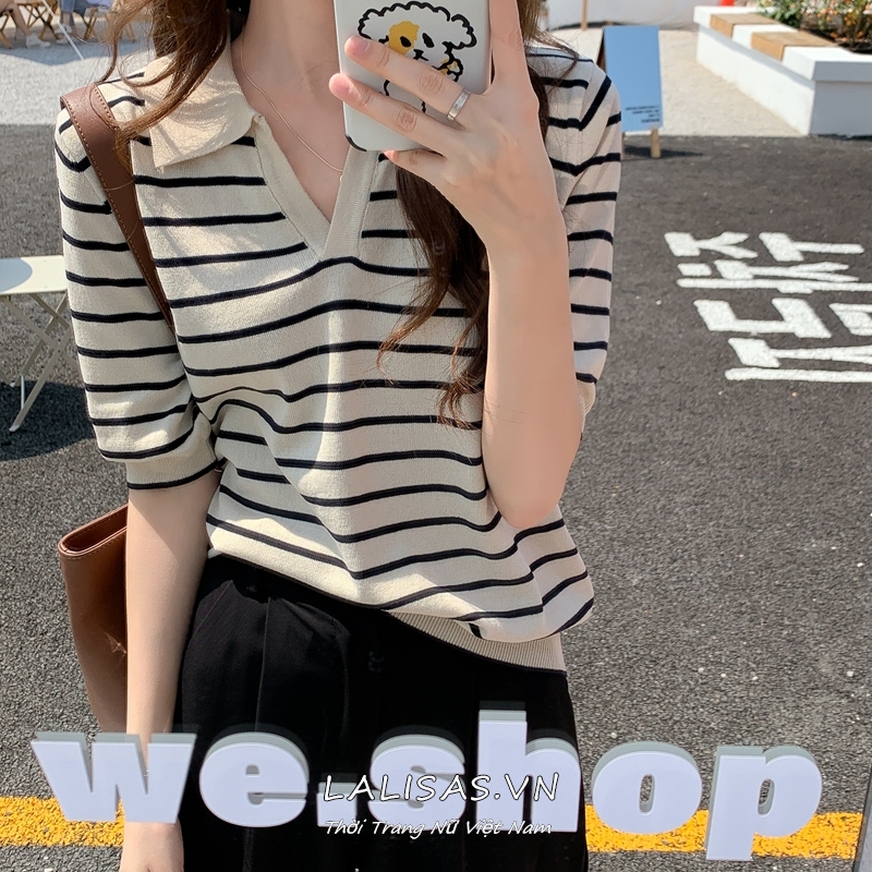 Áo Polo Ngắn Tay Kẻ Sọc Phong Cách Hàn Quốc Xinh Xắn Cho Nữ | BigBuy360 - bigbuy360.vn