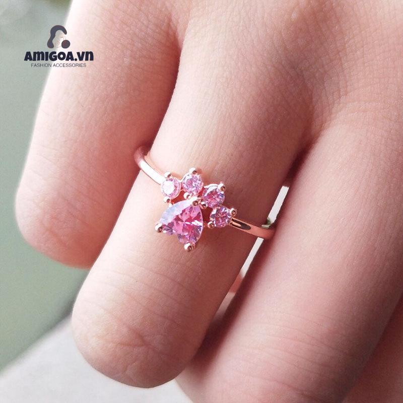 Nhẫn Mạ Bạc Hình Chân Mèo Đính Đá zircon Dễ Thương Có Thể Điều Chỉnh