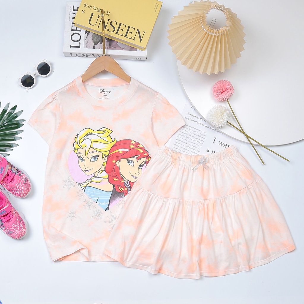 Bộ áo thun quần váy cotton loang màu mát mẻ dễ thương hình in elsa kitty bé gái