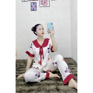 Đồ ngủ nữ tiểu thư dây cột mickey lụa satin tay ngắn quần dài
