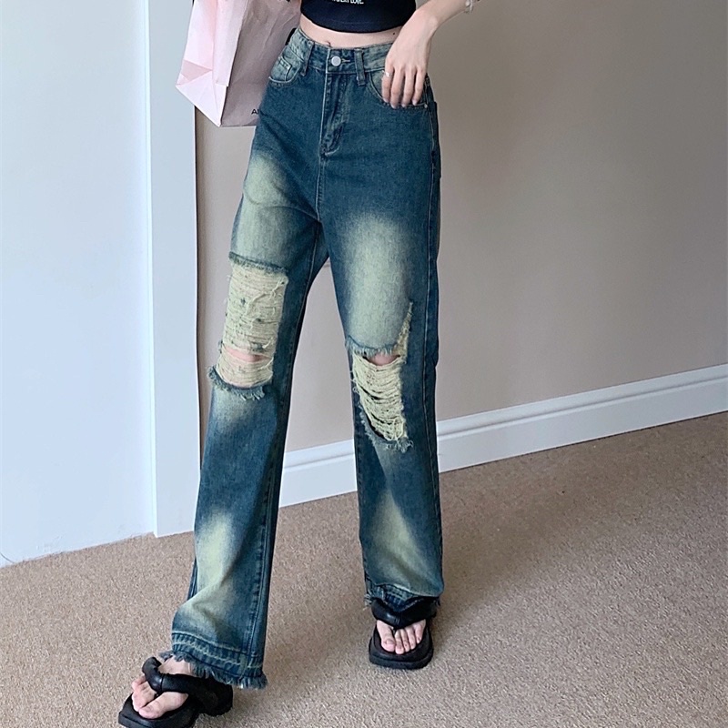 Quần jeans dài suông ống rộng rách nhiều