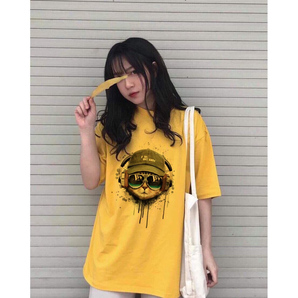 Áo Thun Tay Lỡ In Nhiệt Mèo Nghe Nhạc Unisex chất Cotton phong cách Ulzzang ATIN52 - Áo Phông unisex Cotton cao cấp | BigBuy360 - bigbuy360.vn