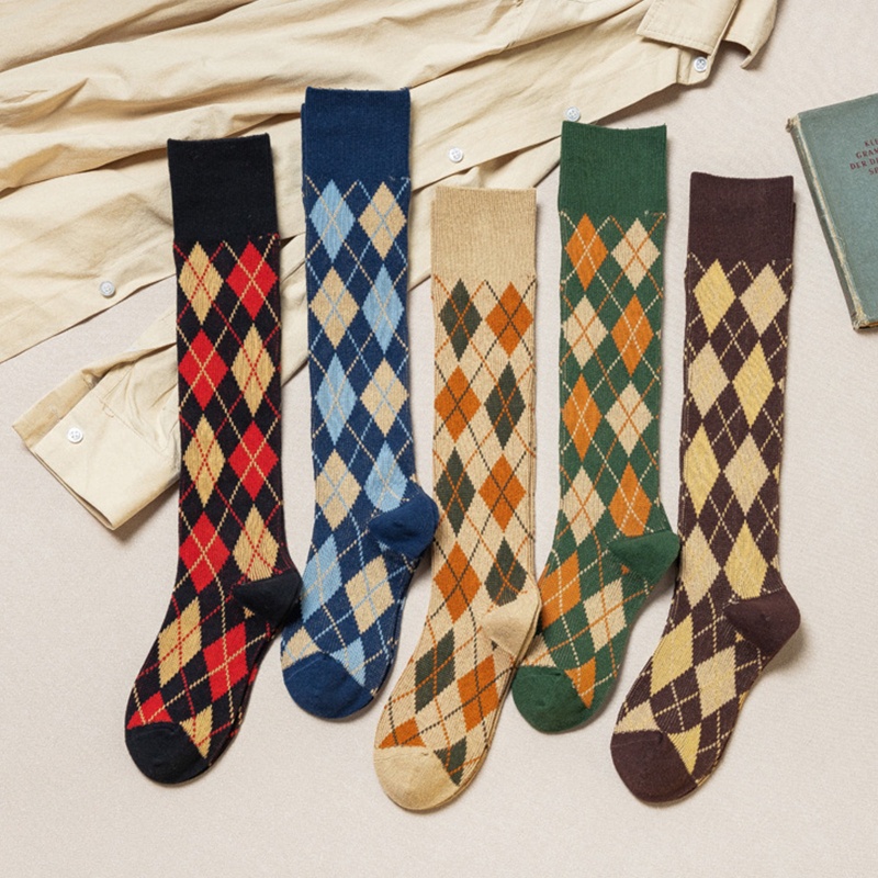 Xiangbao Vớ Cao Đến Đầu Gối Sọc Ca Rô Kim Cương Nhiều Màu Sắc Phong Cách Preppy Nhật Bản Cổ Điển