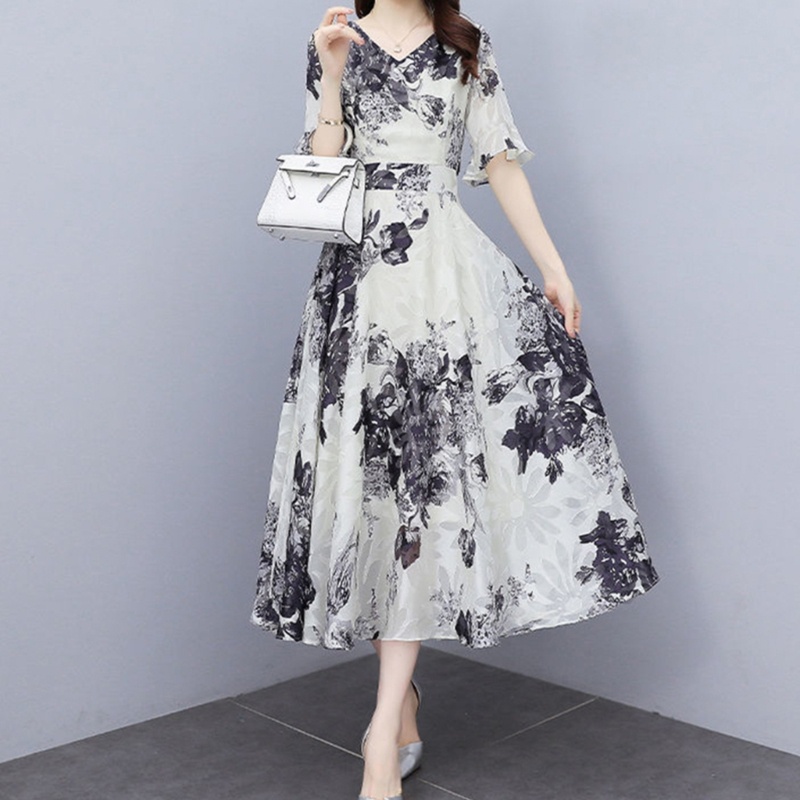 Đầm Dài Xếp Ly Cổ Chữ V Tay Lỡ In Họa Tiết Mực In Hoa Dành Cho Nữ