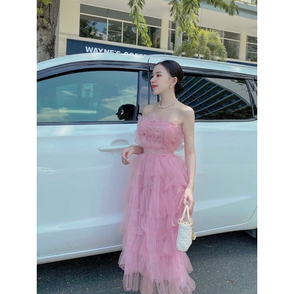 Đầm lưới tầng xoè dài kim tuyến cúp ngực Hồng nude Đầm váy đi dự tiệc sang trọng quý phái dễ thương hotgirl thiết kế