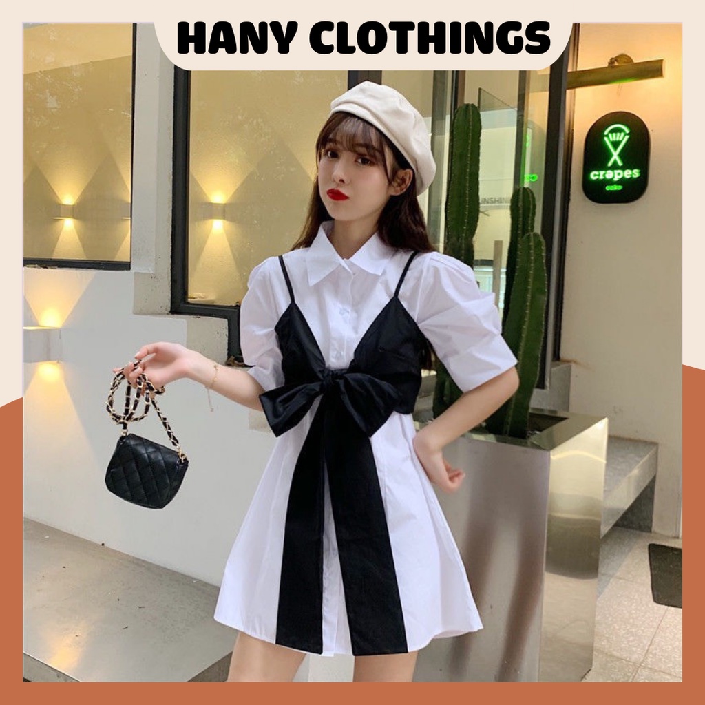 Bộ Váy Đầm 3 Màu, Sơ mi Nữ Phối Yếm Nơ dưới 60kg - Cúc Cài Cộc Tay Cổ Somi HANYCLOTHINGS Q072