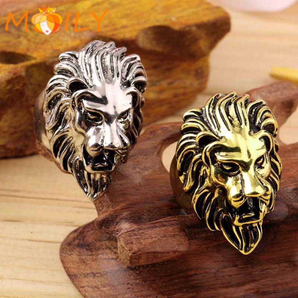 Nhẫn đeo tay bằng thép không gỉ mạ vàng/bạc hình đầu sư tử phong cách thời trang vintage cho nam giới