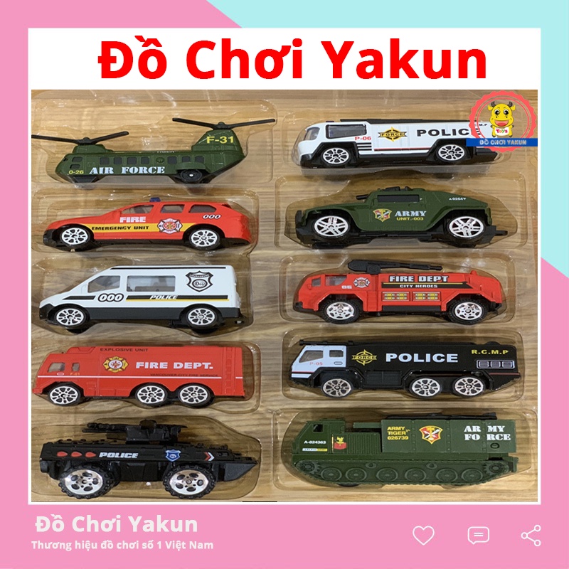 Ô tô đồ chơi cho bé Set 10 xe: cảnh sát, cứu hoả, trực thăng quân đội. Đồ chơi cho bé trai
