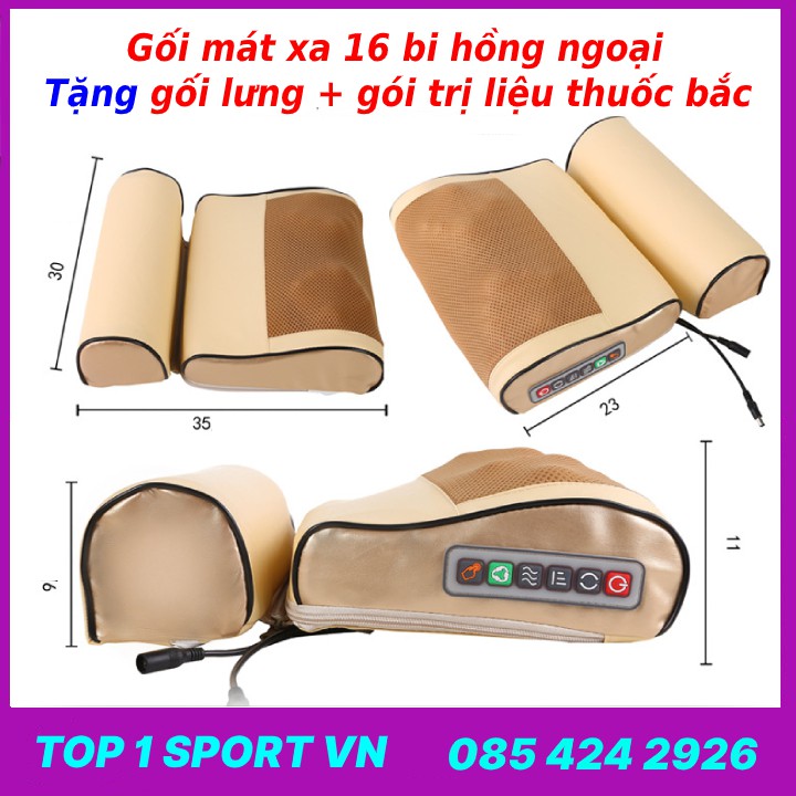 Gối mát xa massage cổ vai gáy hồng ngoại 16 bi Junbu thế hệ 5.0 - Tặng kèm gối lưng + gói trị liệu thuốc bắc ngải cứu