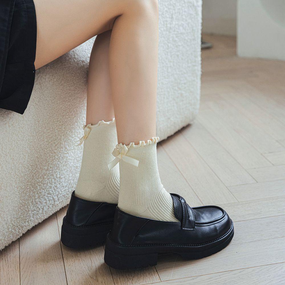 Vớ Cotton Màu Sắc Đơn Giản Đính Nơ Phong Cách Harajuku Nhật Bản Cho Nữ