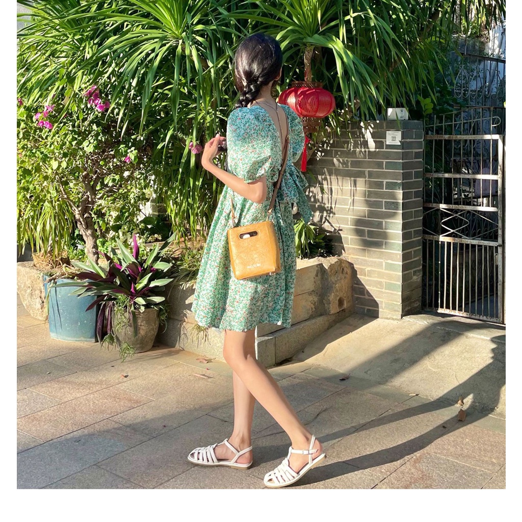 Đầm - váy babydoll tiểu thư thô hoa xanh nơ sau Kozoda D73