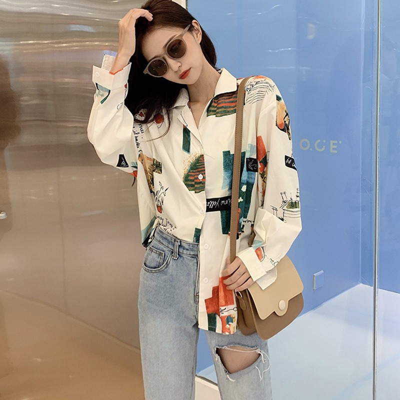 Áo sơ mi dài tay form rộng in họa tiết hoạt hình phong cách vintage thời trang | BigBuy360 - bigbuy360.vn