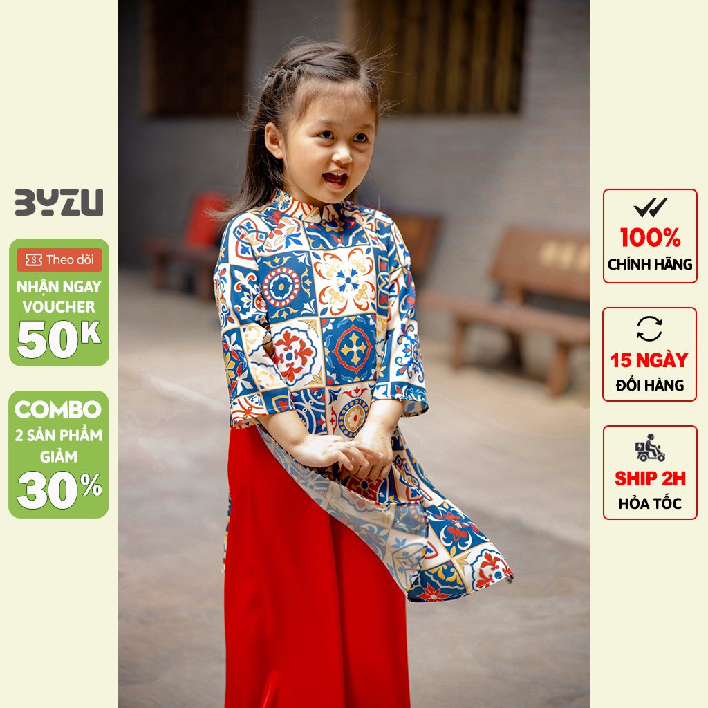 Áo dài cho bé gái BYZU kiểu áo dài cách tân cô ba Sài Gòn, chất liệu lụa cao cấp họa tiết lập thể