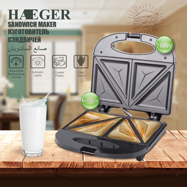 [Mã ELHADEV giảm 4% đơn 300K] Máy làm đồ ăn sáng Haeger, nướng kẹp bánh mì Sandwich 750W