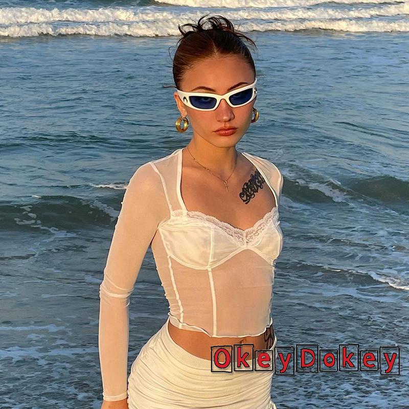 Áo croptop tay dài cổ vuông xuyên thấu thời trang dành cho nữ