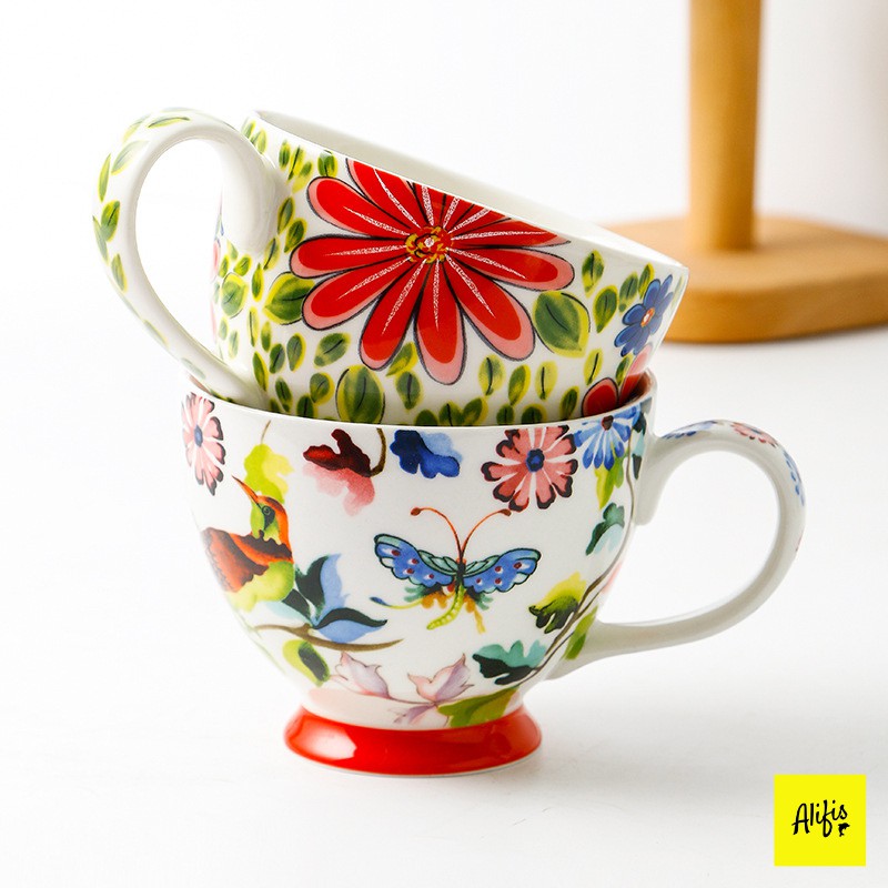 Cốc sứ, ly sứ dễ thương uống trà, cafe 450ml họa tiết vẽ tay phong cách Bắc Âu