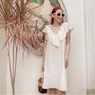 Đầm cổ V phối bèo 2 màu (kèm hình thật)