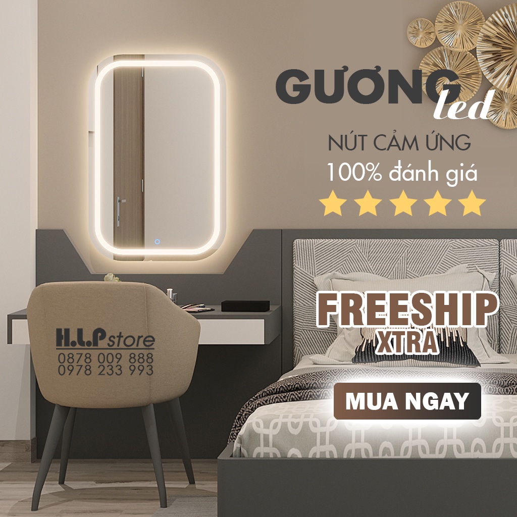 Gương hình chữ nhật treo tường đèn LED 3 màu nút cảm ứng bật tắt, Gương trang điểm đèn LED