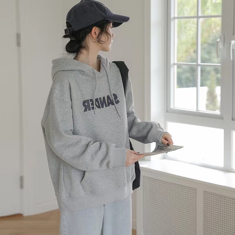 Áo hoodie ZHELIHANGFEI tay dài dáng rộng in họa tiết phong cách đi học