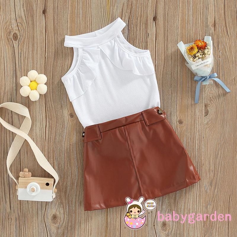 BABYGARDEN 6 Months-5 Years Baby Girls Set, Solid Color Round Neck Sleeveless Ribbed Tops+ Leather Skirt for Summer