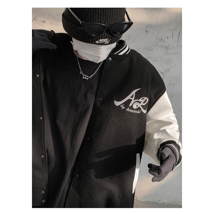 Áo Khoác Bomber Varsity Jacket BOM HOUSE Nam Nữ Chất Liệu Dạ Phối Tay Da Áo 2 Lớp Logo Thêu