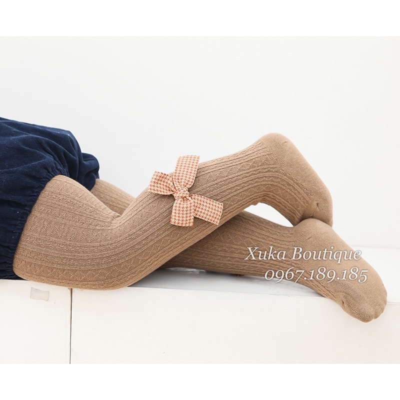 Quần Tất Cho Bé - Quần Tất Gắn Nơ LARVAKELLY cotton co giãn tốt từ 3 tháng - 8 tuổi , Tất trơn gân gắn nơ nhiều màu