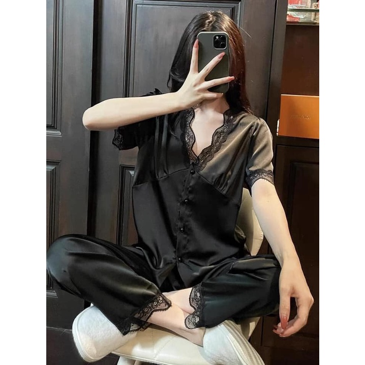 Bộ ngủ lụa pha ren cộc tay quần dài siêu đẹp