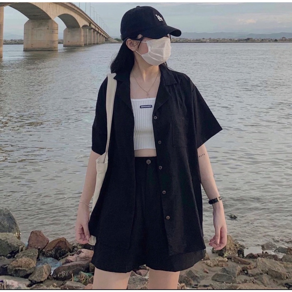 Set Đồ Nữ LINEN TONKI Sơ Mi Cổ Vest Mix Short Lưng Tây Chất Vải Đũi Phong Cách Ulzzang