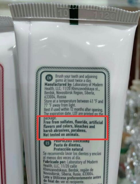 Kem đánh răng thảo mộc Siberi của Nga, không flour, sunflate, paraben, chất tạo màu tạo mùi,chất tẩy trắng và tạo bóng.