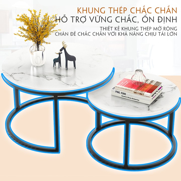 Bàn trà đôi mặt đá cao cấp khung thép chắc chắn