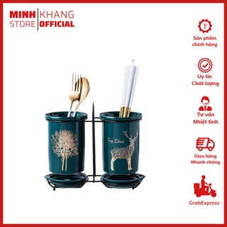 Bộ 2 ống đựng đũa thìa bằng gốm sứ cao cấp có giá để bàn phong cách bắc âu hoạt tiết hươu voi sứa màu xanh vổ vịt