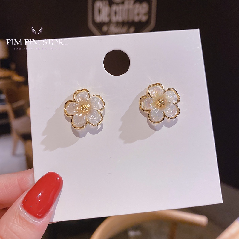 Bông tai nữ Hàn Quốc hình cánh hoa mặt đá chất liệu hợp kim cao cấp bền đẹp không gỉ khuyên tai cá tính